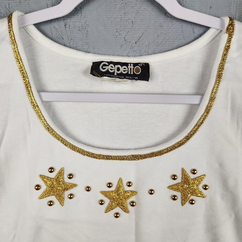 Vintage Gepetto Tank Top Womens XL White Gold Stars Embellished USA 90s Glamcore